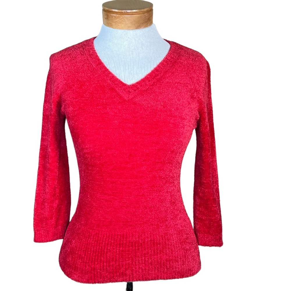 BAY STUDIO Career Petite Bright Red Super Cozy Chenille V-Neck Sweater PS